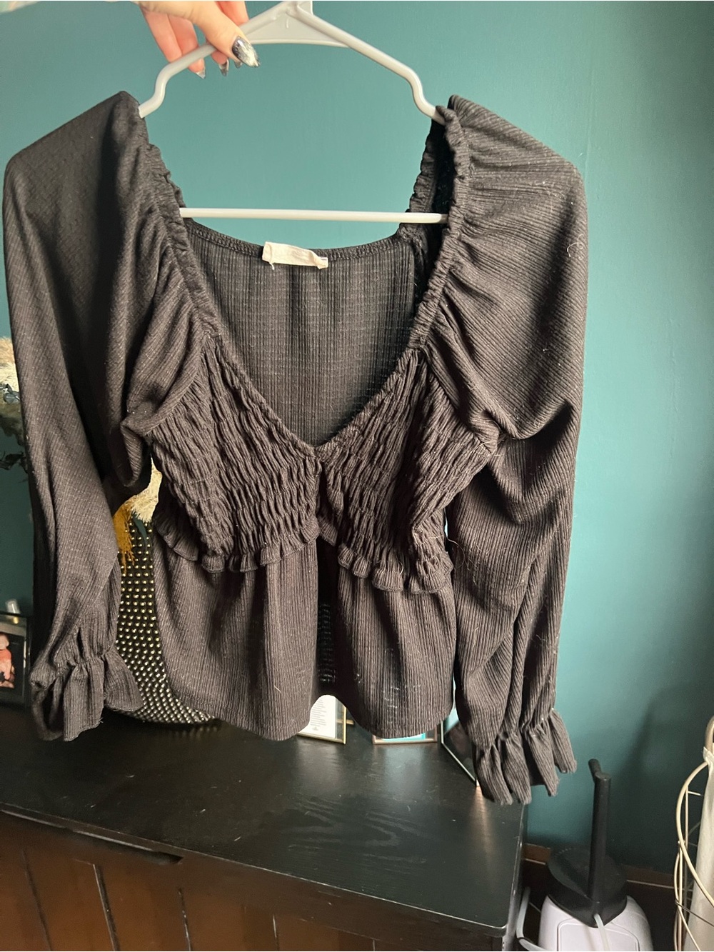 Altar'd State Black Smocked Deep V-Neck Ruffle Blouse